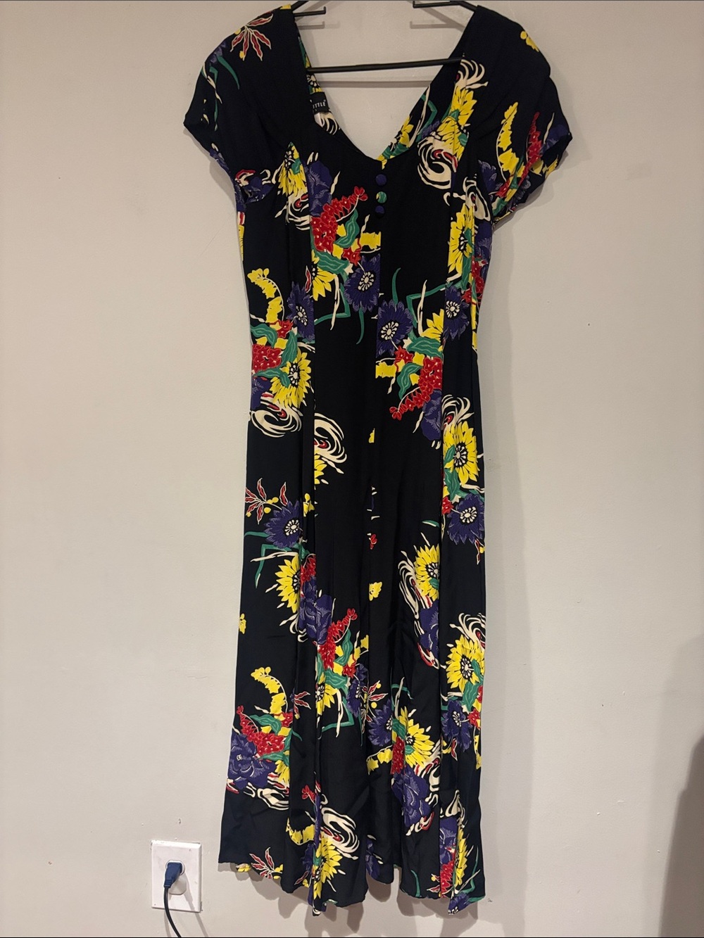 Carole Little Black Maxi Dress with Yellow, Purple & Red Floral Print